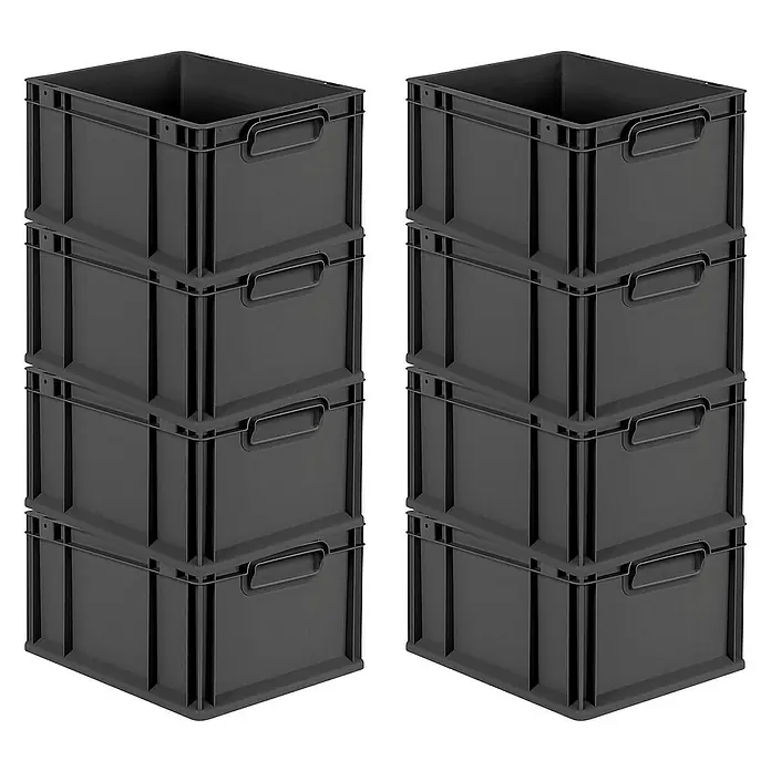 Proregal Euroboxen-Set 8x Eurobox NextGen Grip - L x B x H: 40 x 30 x 22 cm, Kunststoff, Schwarz, 8 Stk. - Bild von zwei Stapeln mit je vier grauen Euroboxen aus Kunststoff mit Griffen, die Ordnung und Stauraum bieten.