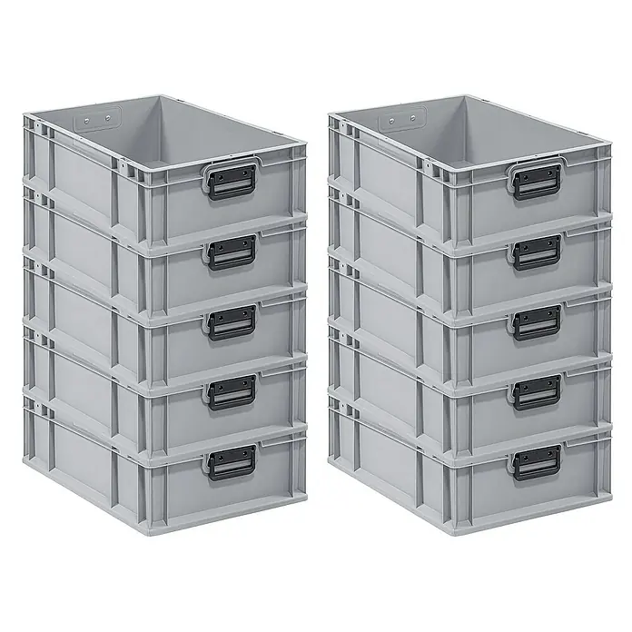 Proregal Euroboxen-Set 10x Eurobox NextGen Portable Duo - L x B x H: 60 x 40 x 17 cm, Kunststoff, Grau, 10 Stk. - Zwei Stapel grauer Kunststoffbehälter mit schwarzen Griffen, die sich ideal für die Organisation und Lagerung von Gegenständen eignen.