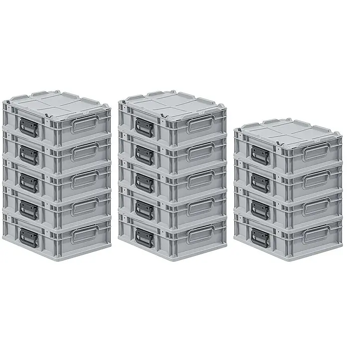 Proregal Euroboxen-Set 14x Eurobox NextGen Portable - L x B x H: 40 x 30 x 13,5 cm, Kunststoff, Grau, 14 Stk. - Bild von drei Stapeln grauer Kunststoffboxen mit schwarzen Griffen. Die Boxen sind übereinander gestapelt und mit Deckeln versehen.