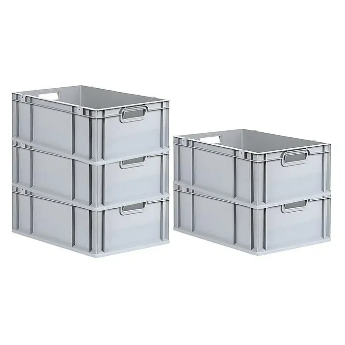 Proregal Euroboxen-Set 5x Eurobox NextGen Economy - L x B x H: 60 x 40 x 22 cm, Kunststoff, Grau, 5 Stk. - Zwei Stapel von grauen Kunststoffbehältern, ideal für Lagerung und Organisation, mit Griffen für einfachen Transport.