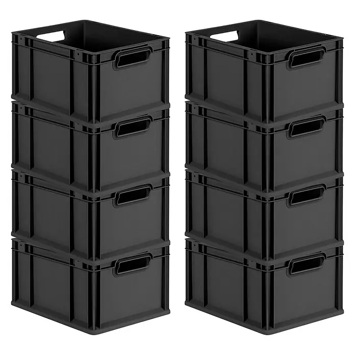 Proregal Euroboxen-Set 8x Eurobox NextGen Grip - L x B x H: 40 x 30 x 22 cm, Kunststoff, Schwarz, 8 Stk. - Zwei Stapel schwarzer Kunststoffboxen mit Griffen, ideal für Lagerung und Organisation.