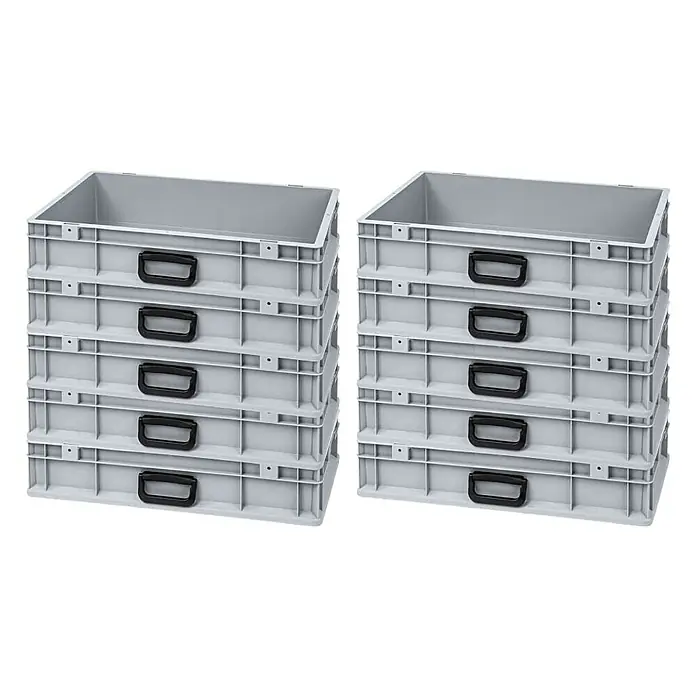 Proregal Eurobox Eurobox NextGen Portable Uno - L x B x H: 60 x 40 x 12 cm, Kunststoff, Grau - Zwei Stapel grauer Lagerbehälter mit schwarzen Griffen, ideal für Organisation und Aufbewahrung.