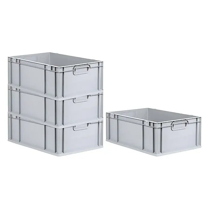 Proregal Euroboxen-Set 4x Eurobox NextGen Economy - Kunststoff, Grau, 4 Stk. - Drei gestapelte graue Eurobehälter mit Griffen und ein einzelner Eurobehälter.