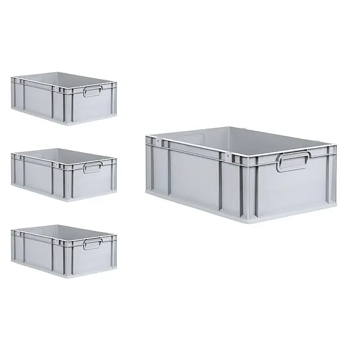 Proregal Euroboxen-Set 4x Eurobox NextGen Economy - Kunststoff, Grau, 4 Stk. - Das Bild zeigt vier graue Kunststoffboxen. Die Boxen sind rechteckig und haben Griffe an den Seiten. Die Container sind für Lagerung und Transport.