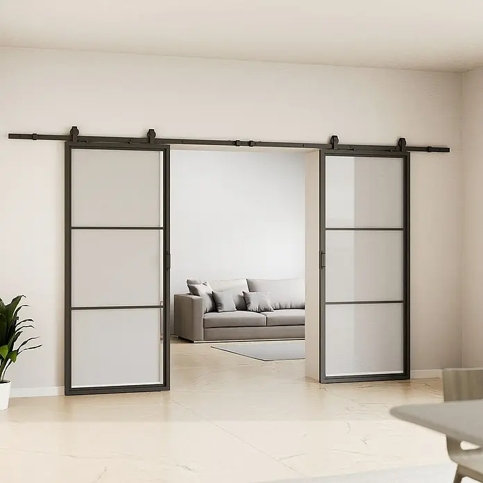 Inova Schiebetür-Komplettset Lofttür Komplettset Stahl Doppelflügelig - 2.050 x 2.200 mm - Schiebetüren mit schwarzem Rahmen und satiniertem Glas, die einen modernen und eleganten Übergang zwischen Räumen schaffen.