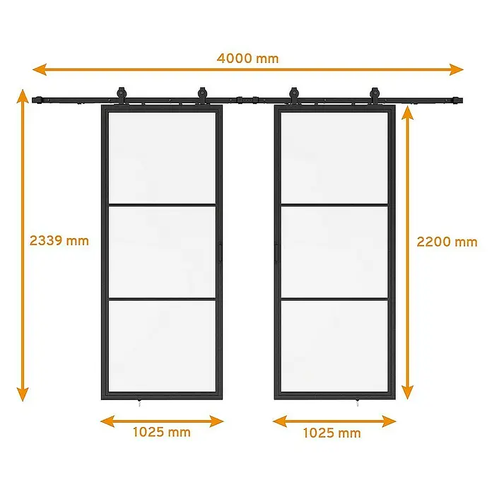 Inova Schiebetür-Komplettset Lofttür Komplettset Stahl Doppelflügelig - 2.050 x 2.200 mm - Abbildung von zwei Glasschiebetüren mit schwarzen Rahmen und den Maßen 4000 mm breit und 2200/2339 mm hoch.