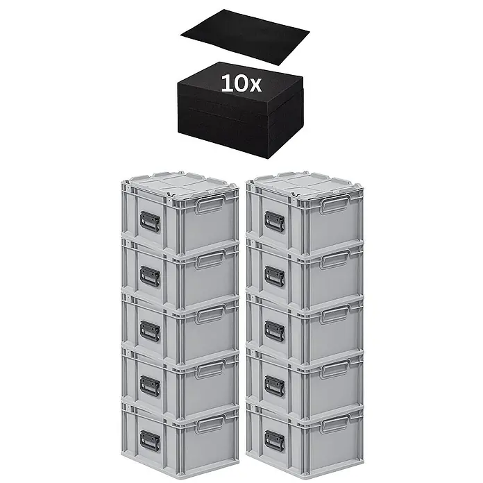 Proregal Euroboxen-Set 10x Eurobox NextGen Portable mit Rasterschaumstoff & Schaumstoffeinlage - Kunststoff, Grau, 10 Stk. - Abbildung von 10 grauen Aufbewahrungsboxen mit Deckel, gestapelt in zwei Türmen, und einem schwarzen Einsatz.
