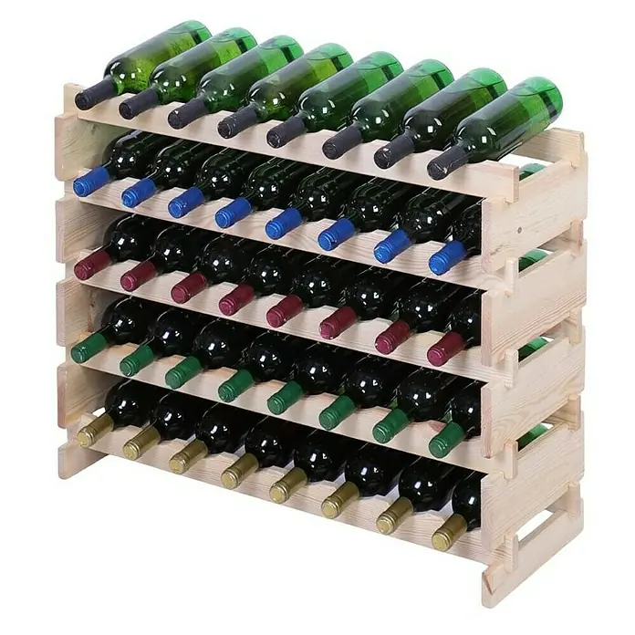 Proregal Flaschenregal Weinregal VINOTECA FLEX PRO für 40 Flaschen - L x B x H: 28 x 84 x 65 cm, Holz, Anzahl Böden: 5 Stk. - Ein Holzweinregal mit mehreren Reihen, gefüllt mit verschiedenen Weinflaschen, die horizontal gelagert werden.