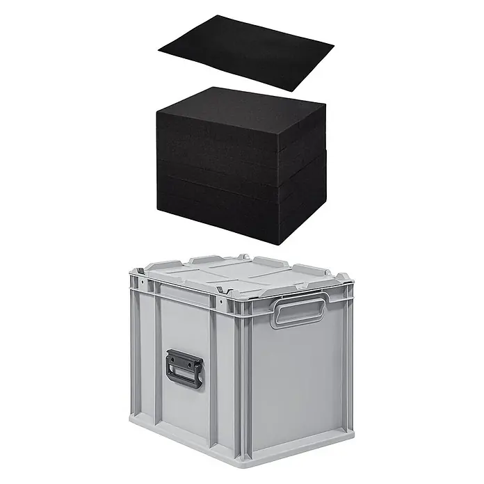 Proregal Eurobox Eurobox NextGen Portable mit Rasterschaumstoff & Schaumstoffeinlage - L x B x H: 40 x 30 x 33,5 cm, Kunststoff, Grau - Produktbild mit einer grauen Kunststoffbox, schwarzen Schaumstoffeinlagen und einem Deckel, ideal für den sicheren Transport.