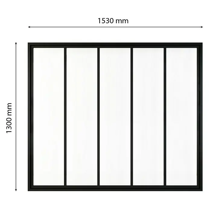 Inova Aluminiumfenster Loft Innenfenster Glas - 1.530 x 1.300 mm - Schwarzes Fenster mit fünf Scheiben und den Maßen 1530 mm Breite und 1300 mm Höhe.