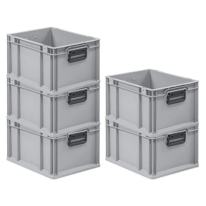 Proregal Euroboxen-Set 5x Eurobox NextGen Portable Duo - L x B x H: 40 x 30 x 22 cm, Kunststoff, Grau, 5 Stk. - Gestapelte graue Kunststoffboxen mit schwarzen Griffen, ideal zur Aufbewahrung. Robuste Stapelboxen für Lager und Transport.