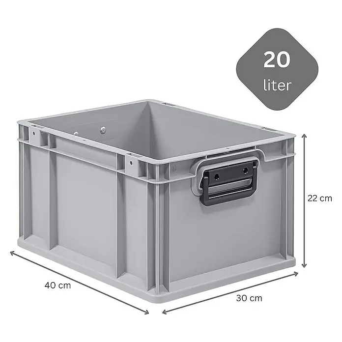 Proregal Euroboxen-Set 5x Eurobox NextGen Portable Duo - L x B x H: 40 x 30 x 22 cm, Kunststoff, Grau, 5 Stk. - Graue 20-Liter-Kunststoffbox mit Griffen und Maßangaben (40x30x22 cm), ideal für Lagerung und Organisation.