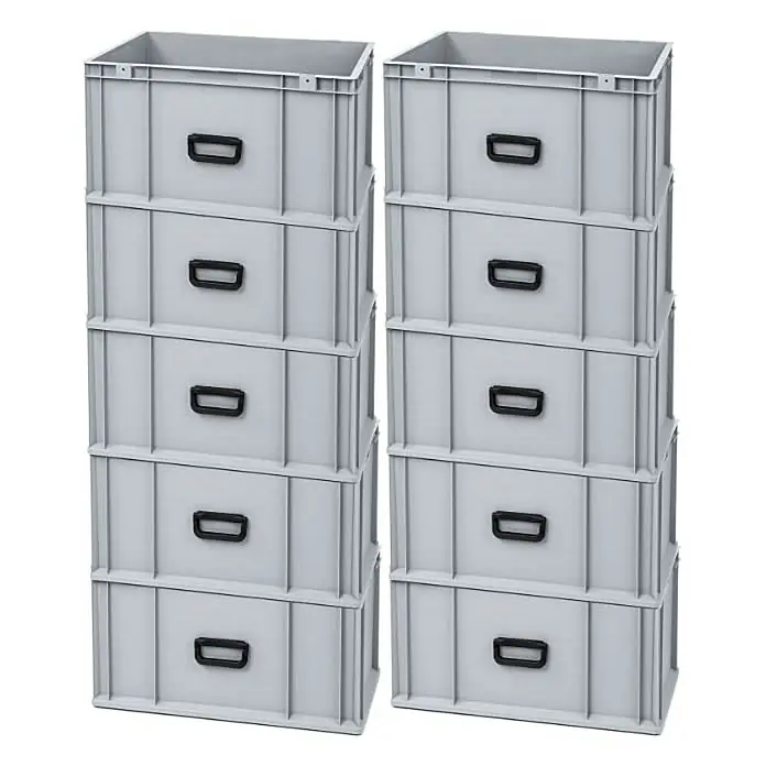 Proregal Eurobox Eurobox NextGen Portable Uno - L x B x H: 60 x 40 x 32 cm, Kunststoff, Grau - Zwei Stapel grauer Lagerboxen mit schwarzen Griffen. Diese Kunststoffboxen sind ideal für die Lagerung und Organisation.