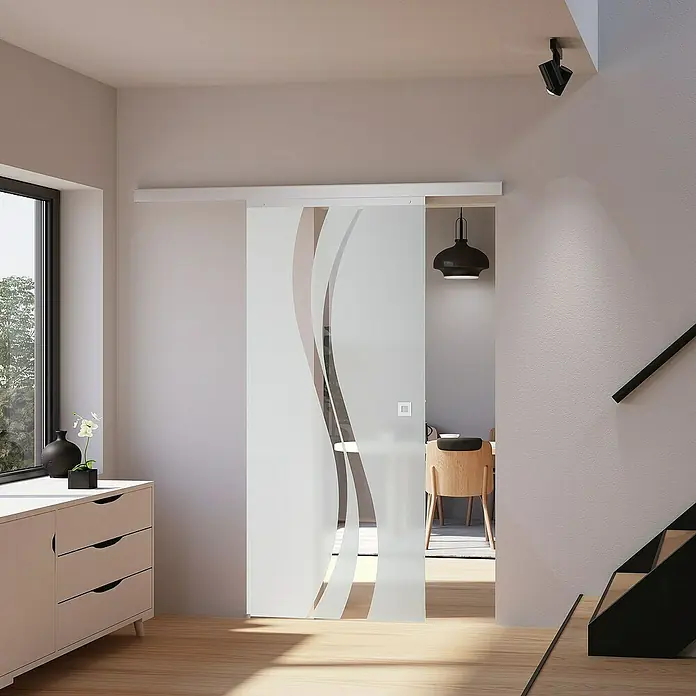 Inova Schiebetür-Komplettset Glas Komplettset wellenförmig mit Quadratgriff - 880 x 2.035 mm - Elegante Glasschiebetür mit geschwungenem Design, die Licht und Privatsphäre kombiniert. Passt perfekt zu modernem Interieur und spart Platz.