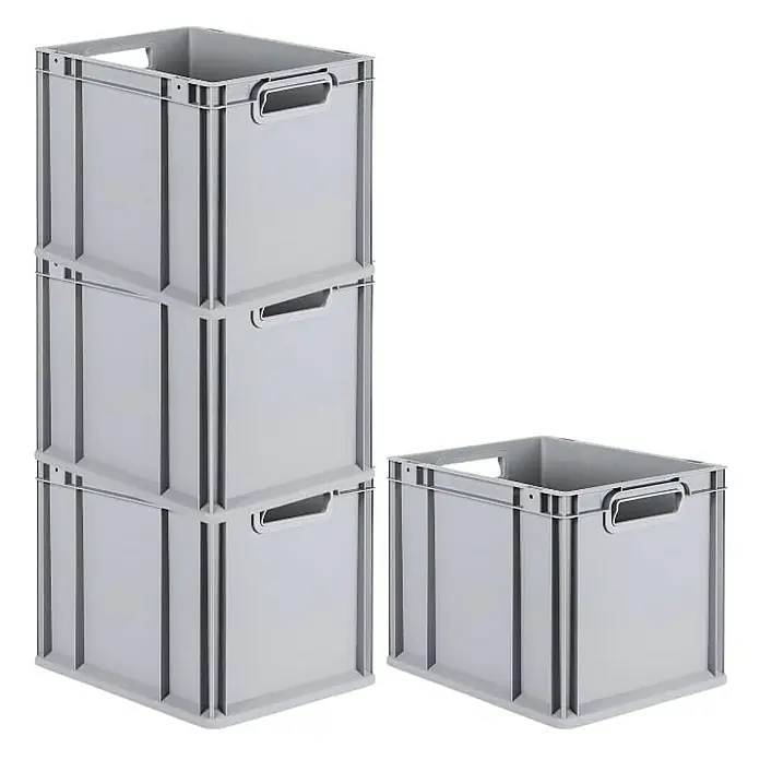 Proregal Euroboxen-Set 4x Eurobox NextGen Grip - Kunststoff, Grau, 4 Stk. - Drei graue Kunststoffkisten sind übereinander gestapelt, neben einer einzelnen Kunststoffkiste. Ideal für Lagerung und Transport von Gegenständen.