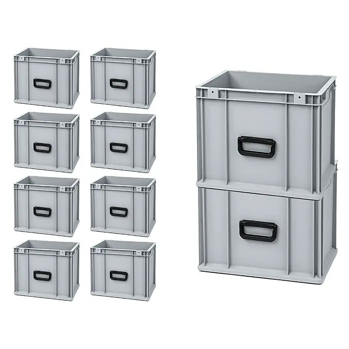 Proregal Euroboxen-Set 10x Eurobox NextGen Portable Uno - L x B x H: 40 x 30 x 32 cm, Kunststoff, Grau, 10 Stk. - Acht graue Lagerboxen und zwei gestapelte Boxen, robust und vielseitig für Ordnung und Aufbewahrung.