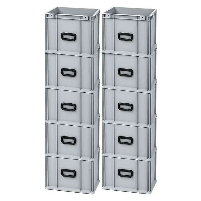 Proregal Euroboxen-Set 10x Eurobox NextGen Portable Uno - L x B x H: 40 x 30 x 32 cm, Kunststoff, Grau, 10 Stk. - Zwei Stapel grauer Kunststoffboxen mit schwarzen Griffen, ideal für Lagerung und Organisation.