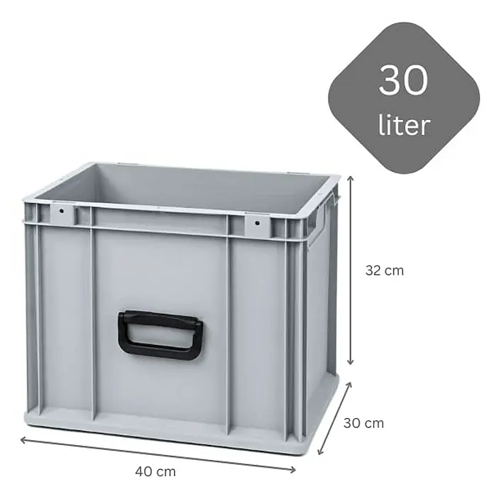 Proregal Euroboxen-Set 10x Eurobox NextGen Portable Uno - L x B x H: 40 x 30 x 32 cm, Kunststoff, Grau, 10 Stk. - Abbildung einer grauen 30-Liter-Kunststoffbox mit schwarzem Griff, ideal für Lagerung und Organisation mit den Maßen 40x30x32 cm.