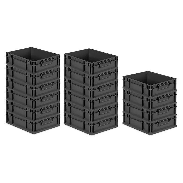 Proregal Euroboxen-Set 16x Eurobox NextGen Grip - L x B x H: 40 x 30 x 12 cm, Kunststoff, Schwarz, 16 Stk. - Hier sind drei Stapel grauer, leerer Kunststoffbehälter, die ordentlich übereinander gestapelt sind und so Stauraum schaffen.
