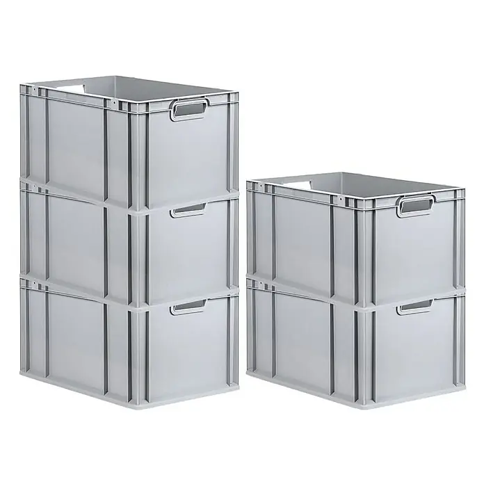 Proregal Euroboxen-Set 5x Eurobox NextGen Economy - Kunststoff, Grau, 5 Stk. - Eine Aufnahme von zwei Stapeln grauer Kunststoffboxen mit Griffen, ideal für Lagerung und Organisation. Die Boxen sind leer und sauber.