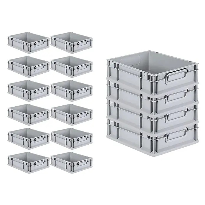 Proregal Euroboxen-Set 16x Eurobox NextGen Economy - L x B x H: 40 x 30 x 12 cm, Kunststoff, Grau, 16 Stk. - Produktfoto von elf grauen Lagerboxen aus Kunststoff mit praktischen Griffen, ideal für Ordnung und Organisation im Lager.