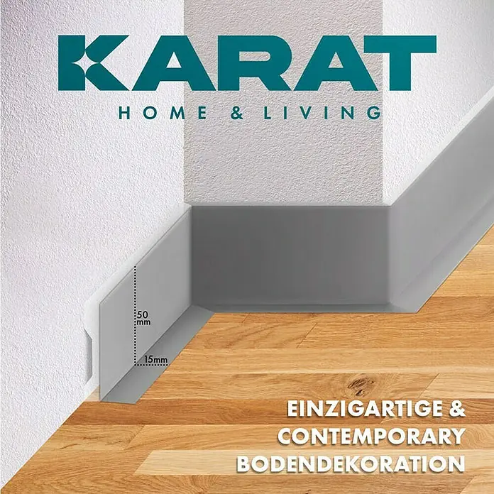 Floordirekt Sockelleiste Oslo Grau 50 x 15 mm - 15 m - PVC - Das Bild zeigt eine moderne Sockelleiste von Karat Home & Living, die sich perfekt in die Inneneinrichtung einfügt und eine elegante Note verleiht.