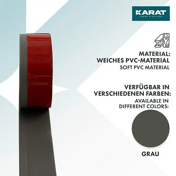 Floordirekt Sockelleiste Oslo Grau 50 x 15 mm - 15 m - PVC - Das Bild zeigt ein graues, flexibles PVC-Material, das in verschiedenen Farben erhältlich ist.