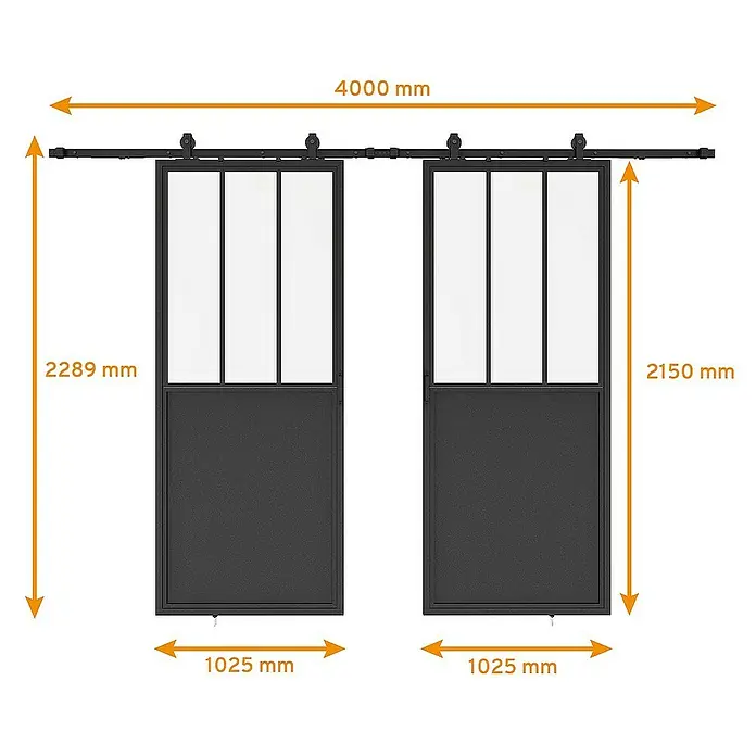 Inova Schiebetür-Komplettset Lofttür Komplettset Stahl Doppelflügelig - 2.050 x 2.150 mm - Bild mit Abmessungen von zwei schwarzen Schiebetüren mit Glasoberteilen und den Maßen 4000 mm, 2289 mm, 2150 mm und 1025 mm.