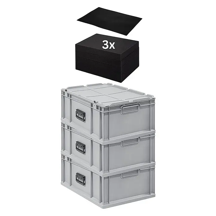 Proregal Euroboxen-Set 3x Eurobox NextGen Portable mit Rasterschaumstoff & Schaumstoffeinlage - L x B x H: 60 x 40 x 23,5 cm, Kunststoff, Grau, 3 Stk. - Das Bild zeigt einen Stapel von drei grauen Kunststoffboxen mit Deckel und schwarzem Schaumstoff-Einsatz. Perfekt für Lagerung und Ordnung.