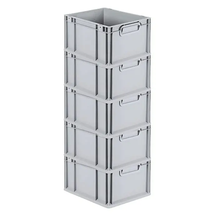 Proregal Euroboxen-Set 5x Eurobox NextGen Grip - L x B x H: 40 x 30 x 22 cm, Kunststoff, Grau, 5 Stk. - Ein Stapel von fünf grauen Eurobehältern aus Kunststoff mit praktischen Griffen für einfache Handhabung und Lagerung.