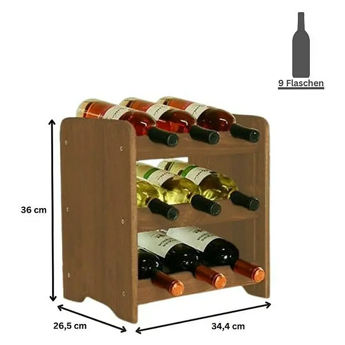Proregal Flaschenregal Weinregal PINOTWINE C für 9 Flaschen - L x B x H: 26,5 x 34,4 x 36 cm, Holz - Weinregal aus Holz für 9 Flaschen. Praktische und dekorative Aufbewahrung für Ihre Lieblingsweine mit den Maßen 36 x 26,5 x 34,4 cm.