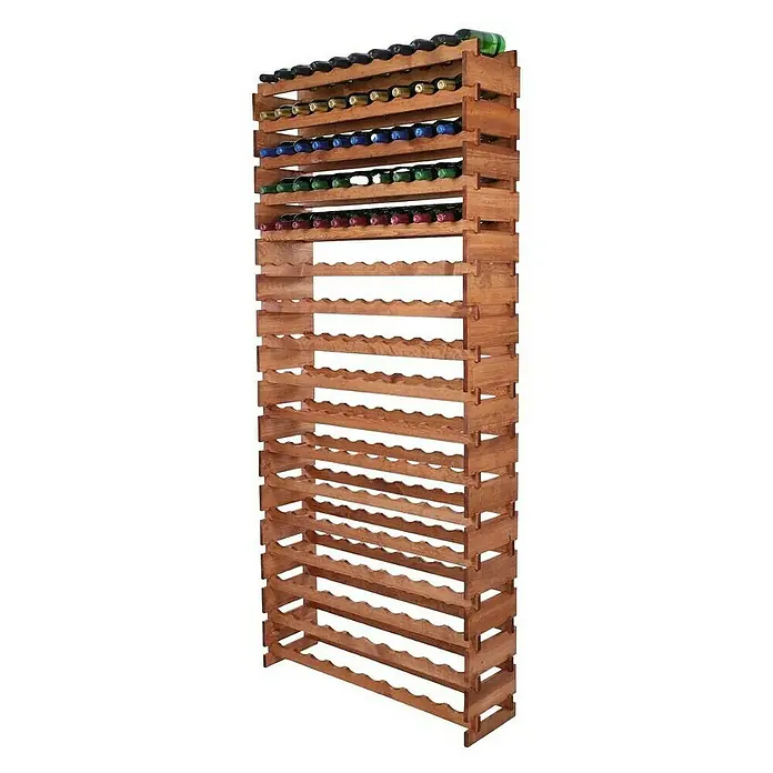 Proregal Flaschenregal Weinregal VINOTECA FLEX PRO für 170 Flaschen - L x B x H: 28 x 103 x 233 cm, Holz, Anzahl Böden: 17 Stk. - Dieses Bild zeigt ein großes, stehendes Weinregal aus Holz mit mehreren Reihen zur Lagerung von Weinflaschen in verschiedenen Farben.
