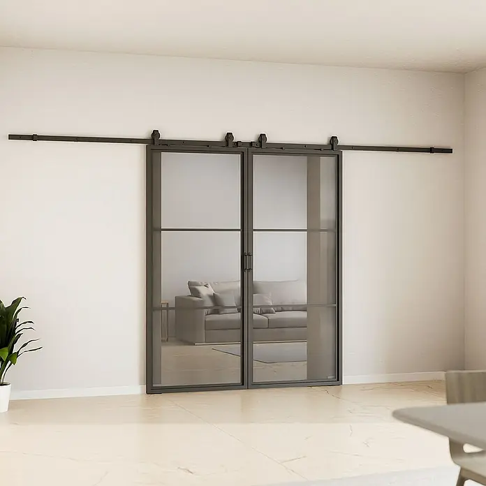 Inova Schiebetür-Komplettset Lofttür Komplettset Stahl Doppelflügelig - 1.800 x 2.150 mm - Elegante Schiebetüren mit Stahlrahmen und klarem Glas. Die Türen fügen sich nahtlos in den modernen Wohnraum ein und bieten einen stilvollen Durchgang.