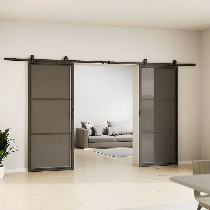 Inova Schiebetür-Komplettset Lofttür Komplettset Stahl Doppelflügelig - 1.800 x 2.150 mm - Moderne Schiebetüren mit schwarzem Rahmen teilen den Raum elegant auf und bieten einen stilvollen Durchgang zwischen Wohnbereichen.