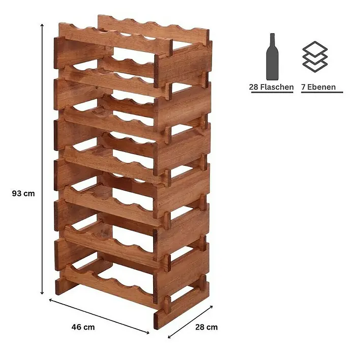 Proregal Flaschenregal Weinregal VINOTECA FLEX PRO für 28 Flaschen - L x B x H: 28 x 46 x 93 cm, Holz, Anzahl Böden: 7 Stk. - Bild von einem braunen Weinregal aus Holz mit sieben Ebenen, das Platz für 28 Flaschen bietet. Die Maße sind 93 x 46 x 28 cm.