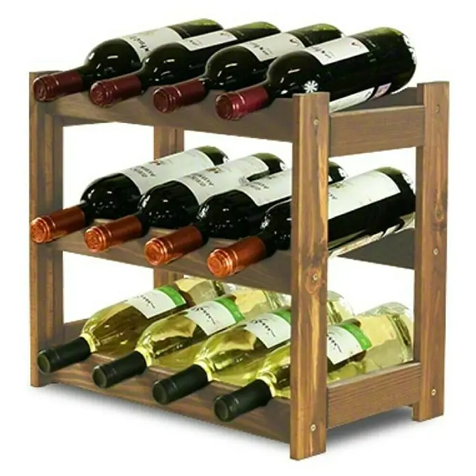 Proregal Flaschenregal Weinregal PINOTWINE für 12 Flaschen - L x B x H: 25 x 43 x 38 cm, Holz - Ein hölzernes Weinregal mit drei Ebenen, gefüllt mit Rot- und Weißweinflaschen. Praktische und stilvolle Weinlagerung.