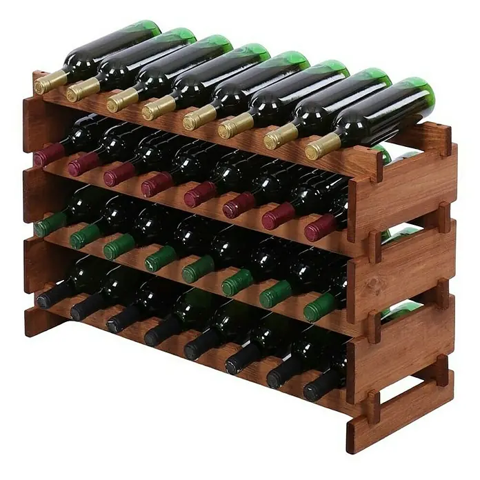 Proregal Flaschenregal Weinregal VINOTECA FLEX PRO für 32 Flaschen - L x B x H: 28 x 84 x 51 cm, Holz, Anzahl Böden: 4 Stk. - Ein rustikales Weinregal aus Holz, gefüllt mit Weinflaschen verschiedener Sorten, präsentiert eine stilvolle Aufbewahrungslösung.