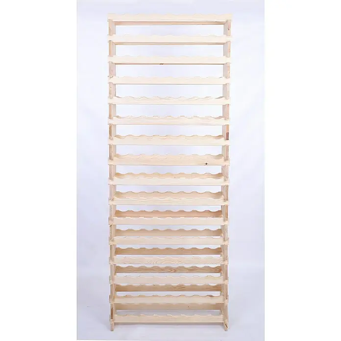 Proregal Flaschenregal Weinregal VINOTECA FLEX PRO für 128 Flaschen - L x B x H: 28 x 84 x 219 cm, Holz, Anzahl Böden: 16 Stk. - Dieses Bild zeigt ein hohes, unbehandeltes Kiefernholz-Weinregal mit mehreren Regalen, das sich ideal zur Lagerung und Präsentation von Weinflaschen eignet.
