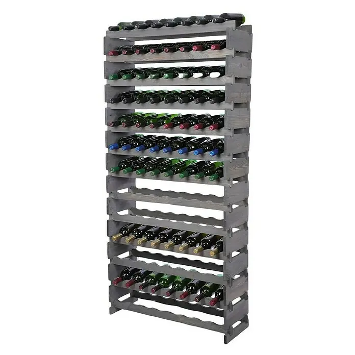 Proregal Flaschenregal Weinregal VINOTECA FLEX PRO für 104 Flaschen - L x B x H: 28 x 84 x 177 cm, Holz, Anzahl Böden: 13 Stk. - Ein graues Weinregal aus Holz mit mehreren Ebenen, gefüllt mit Weinflaschen. Perfekt für die Weinlagerung.