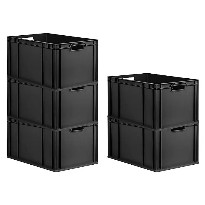 Proregal Euroboxen-Set 5x Eurobox NextGen Grip - L x B x H: 60 x 40 x 32 cm, Kunststoff, Schwarz, 5 Stk. - Stapel von schwarzen Kunststoff-Lagerboxen, ideal für die Organisation von Gegenständen im Haus, Garage oder Büro.