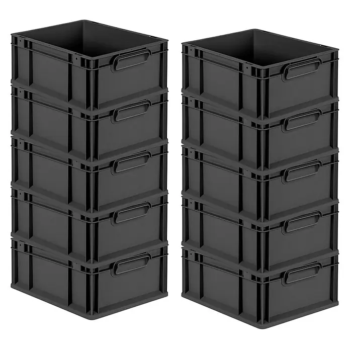 Proregal Euroboxen-Set 10x Eurobox NextGen Grip - L x B x H: 40 x 30 x 17 cm, Kunststoff, Schwarz, 10 Stk. - Zwei Stapel grauer Kunststoffbehälter mit Griffen, die sich ideal für die Lagerung und Organisation eignen.