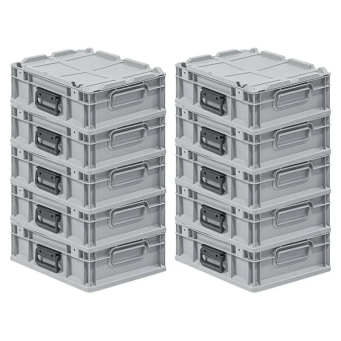 Proregal Euroboxen-Set 10x Eurobox NextGen Portable - L x B x H: 40 x 30 x 13,5 cm, Kunststoff, Grau, 10 Stk. - Zwei Stapel grauer Kunststoffboxen mit Deckel und Griffen, ideal für Lagerung und Organisation.
