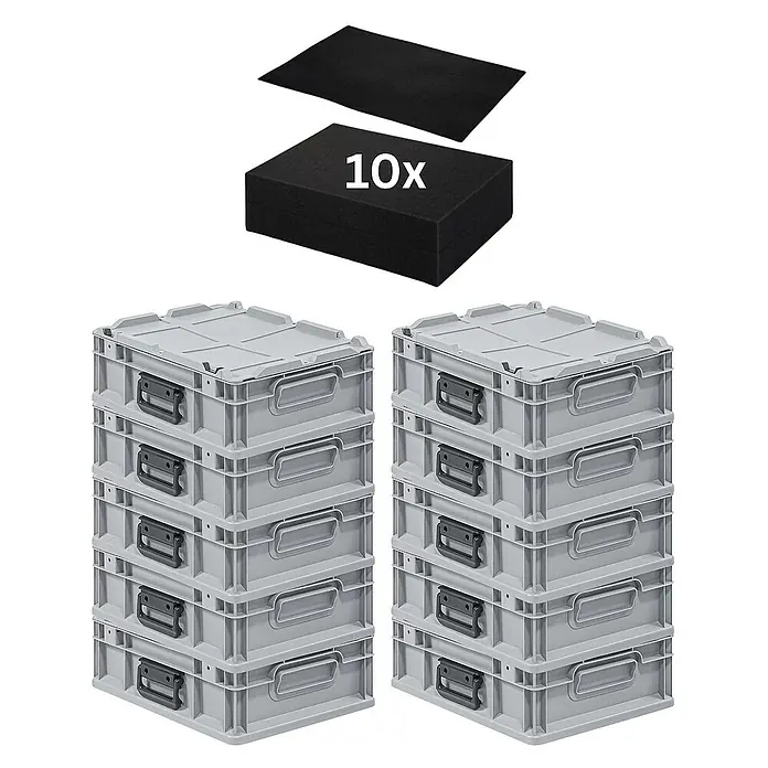 Proregal Euroboxen-Set 10x Eurobox NextGen Portable mit Rasterschaumstoff & Schaumstoffeinlage - L x B x H: 40 x 30 x 13,5 cm, Kunststoff, Grau, 10 Stk. - Produktbild von zehn grauen Lagerboxen mit Deckel und Griffen, gestapelt in zwei Säulen, mit schwarzen Einlagen oben.