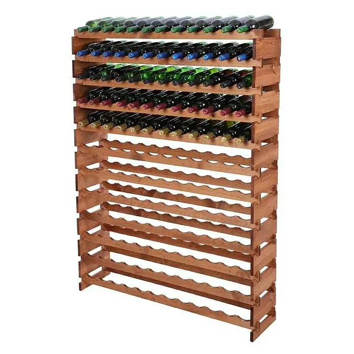 Proregal Flaschenregal Weinregal VINOTECA FLEX PRO für 144 Flaschen - L x B x H: 28 x 123 x 163 cm, Holz, Anzahl Böden: 12 Stk. - Ein Weinständer aus Holz mit mehreren Ebenen, die mit verschiedenen Weinflaschen gefüllt sind. Dieser bietet ausreichend Platz für Weinsammler.