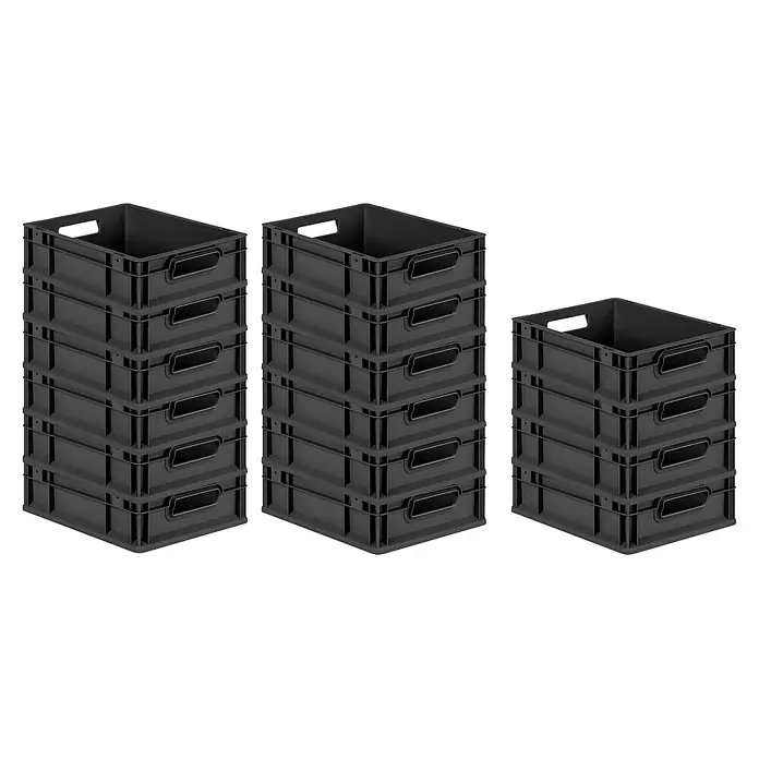 Proregal Euroboxen-Set 16x Eurobox NextGen Grip - L x B x H: 40 x 30 x 12 cm, Kunststoff, Schwarz, 16 Stk. - Drei Stapel grauer Kunststoffkisten unterschiedlicher Höhe, ideal für Lagerung und Organisation.