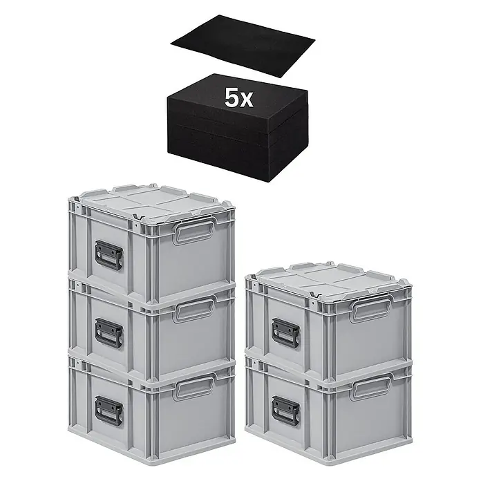 Proregal Euroboxen-Set 5x Eurobox NextGen Portable mit Rasterschaumstoff & Schaumstoffeinlage - L x B x H: 40 x 30 x 23,5 cm, Kunststoff, Grau, 5 Stk. - Graue Aufbewahrungsboxen aus Kunststoff mit Deckel und Griffen, geeignet für Lagerung und Transport, dazu schwarze Schaumstoffeinlagen.
