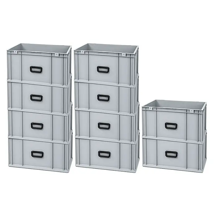 Proregal Euroboxen-Set 10x Eurobox NextGen Portable Uno - L x B x H: 60 x 40 x 32 cm, Kunststoff, Grau, 10 Stk. - Graue Kunststoffboxen sind in zwei Stapeln mit vier Boxen und einem Stapel mit zwei Boxen angeordnet.