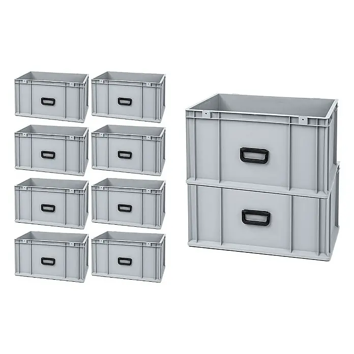 Proregal Euroboxen-Set 10x Eurobox NextGen Portable Uno - L x B x H: 60 x 40 x 32 cm, Kunststoff, Grau, 10 Stk. - Das Bild zeigt zehn graue Lagerboxen, acht davon separat und zwei gestapelt, die für die Lagerung und Organisation konzipiert sind.