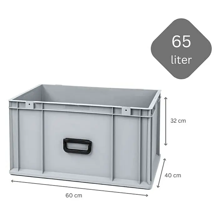 Proregal Euroboxen-Set 10x Eurobox NextGen Portable Uno - L x B x H: 60 x 40 x 32 cm, Kunststoff, Grau, 10 Stk. - Abgebildet ist eine graue 65-Liter-Kunststoffbox mit Griffen und den Maßen 60x40x32 cm, ideal für Lagerung und Transport.