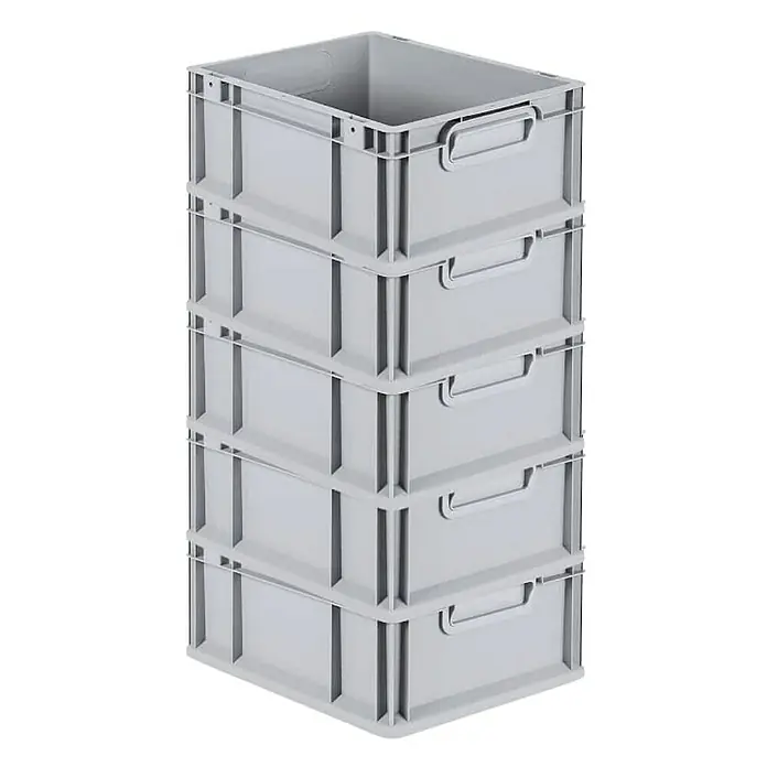 Proregal Euroboxen-Set 5x Eurobox NextGen Economy - L x B x H: 40 x 30 x 17 cm, Kunststoff, Grau, 5 Stk. - Stapel von fünf grauen Euroboxen mit Griffen für Lagerung und Transport von Gütern.